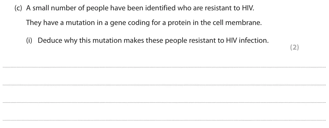 November 2021 Paper 1, question 9(c)(i): Deduce why this mutation makes these people resistant to HIV infection. (2)