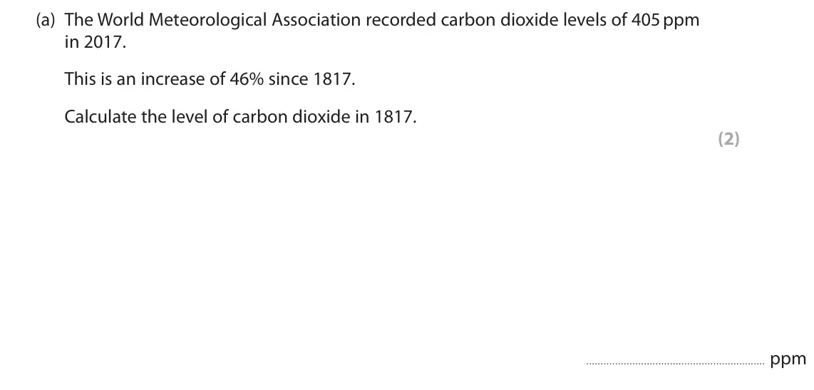 November 2021 Paper 1, question 10(a): The World Meteorological Association recorded carbon dioxide levels of 405 ppm in 2017. This is an increase of 46% since 1817. Calculate the level of carbon dio