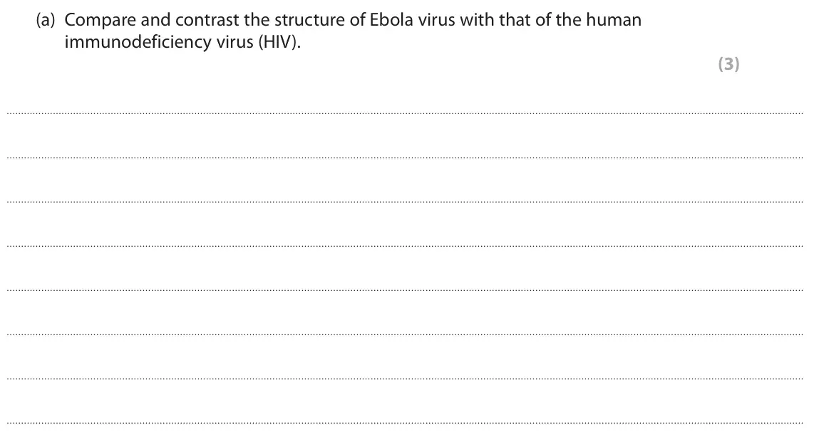 October 2020 Paper 1, question 9(a): Compare and contrast the structure of Ebola virus with that of the human immunodeficiency virus (HIV). (3)