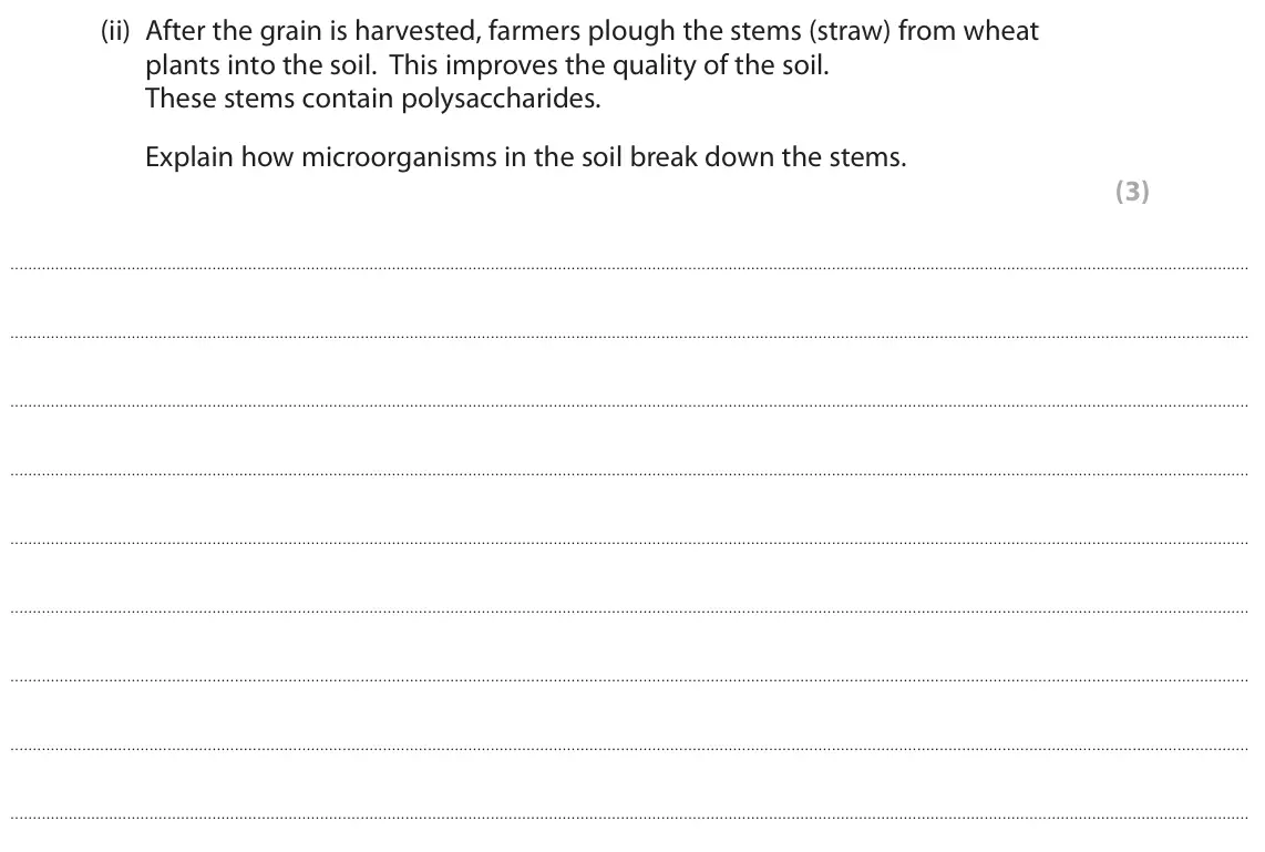 October 2020 Paper 1, question 10(b)(ii): After the grain is harvested, farmers plough the stems (straw) from wheat plants into the soil. This improves the quality of the soil. These stems contain polys