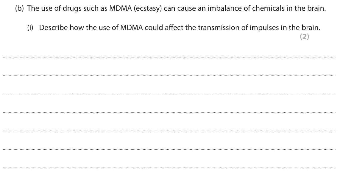 June 2017 Paper 2, question 1(b)(i): Describe how the use of MDMA could affect the transmission of impulses in the brain. (2)