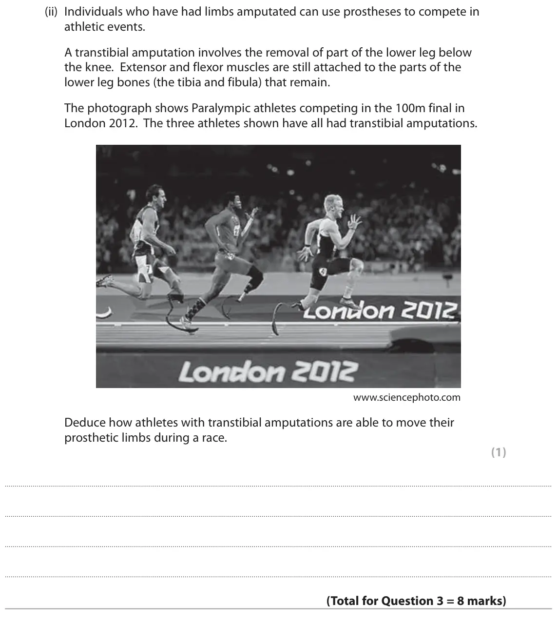 June 2018 Paper 2, question 3(c)(ii): Individuals who have had limbs amputated can use prostheses to compete in athletic events. A transtibial amputation involves the removal of part of the lower le