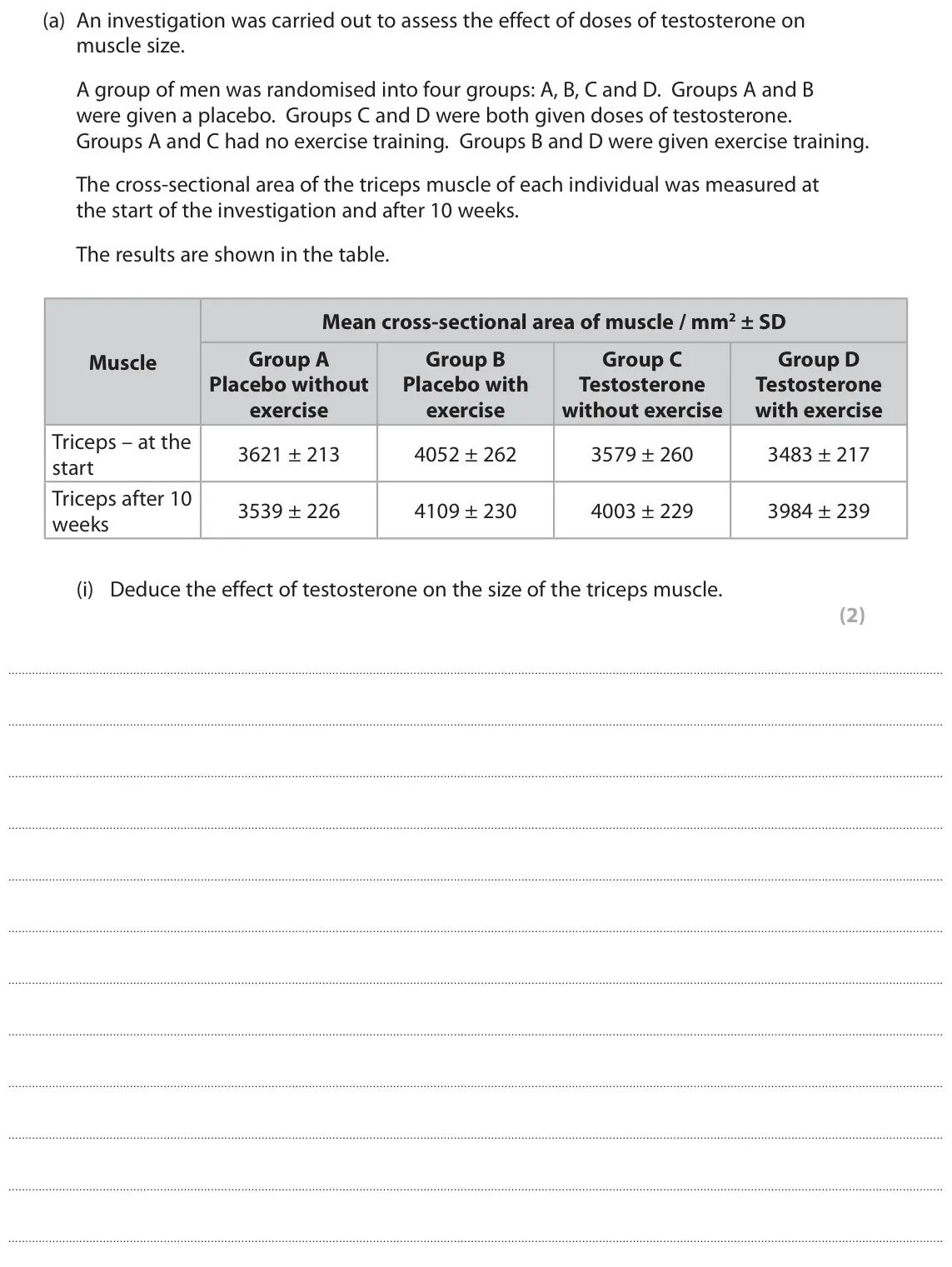 June 2018 Paper 2, question 6(a)(i): Deduce the effect of testosterone on the size of the triceps muscle. (2)
