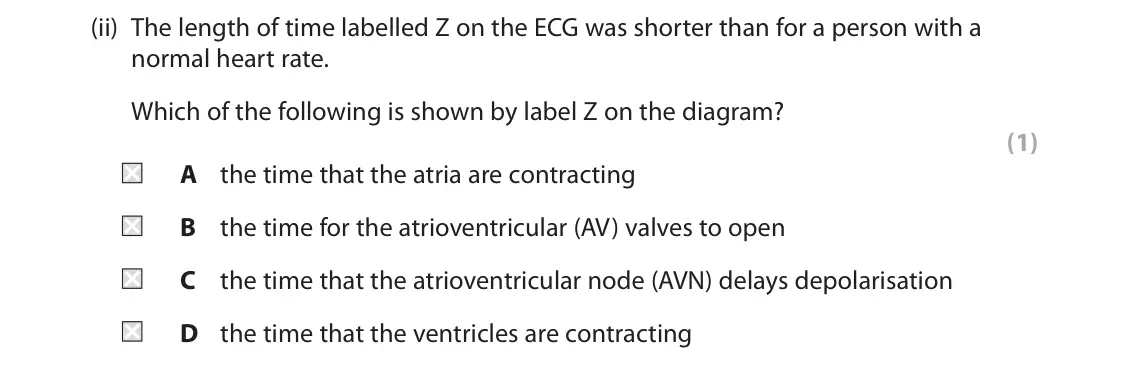 June 2022 Paper 2, question 4(a)(ii): The length of time labelled Z on the ECG was shorter than for a person with a normal heart rate. Which of the following is shown by label Z on the diagram? (1)