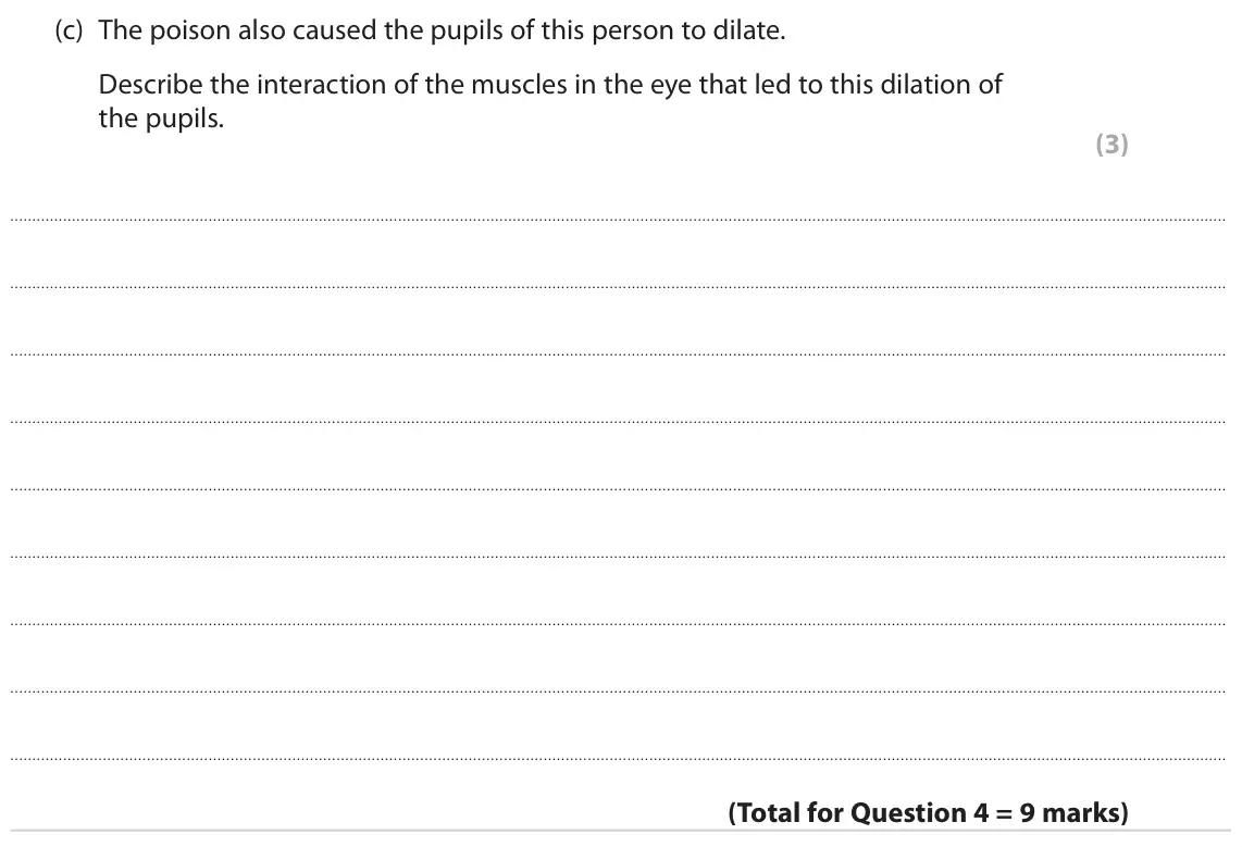June 2022 Paper 2, question 4(c): The poison also caused the pupils of this person to dilate. Describe the interaction of the muscles in the eye that led to this dilation of the pupils. (3)