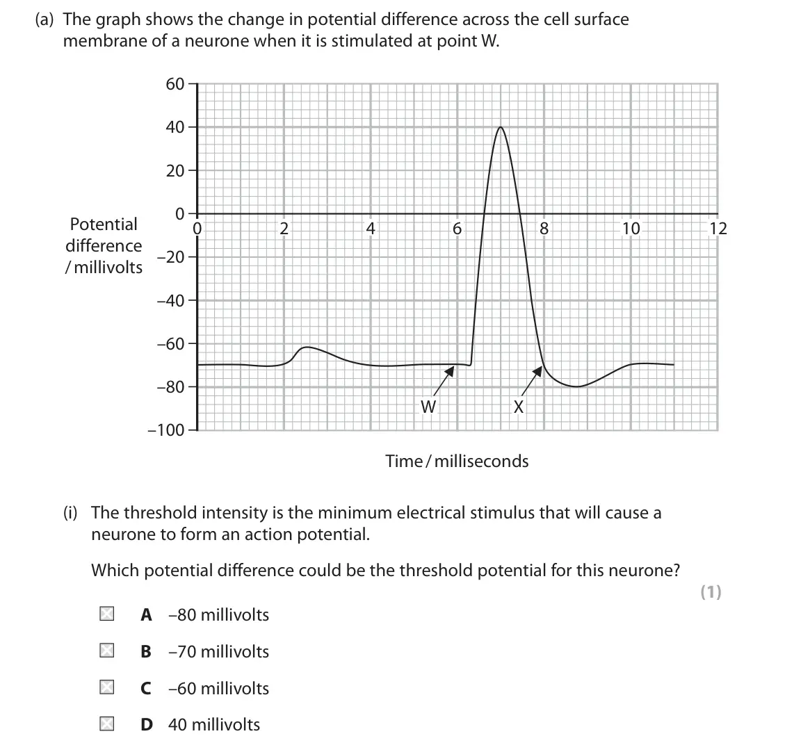 June 2022 Paper 2, question 6(a)(i): The threshold intensity is the minimum electrical stimulus that will cause a neurone to form an action potential. Which potential difference could be the thresh