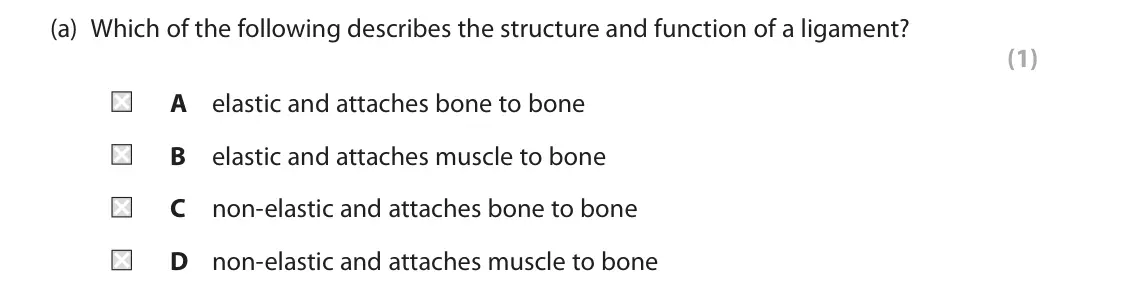 June 2023 Paper 2, question 3(a): Which of the following describes the structure and function of a ligament? (1) A elastic and attaches bone to bone B elastic and attaches muscle to bone C non-e