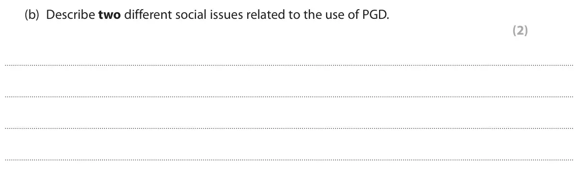 June 2023 Paper 2, question 4(b): Describe two different social issues related to the use of PGD. (2)