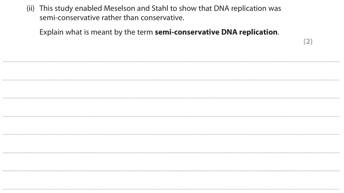June 2023 Paper 2, question 5(b)(ii): This study enabled Meselson and Stahl to show that DNA replication was semi‑conservative rather than conservative. Explain what is meant by the term semi‑conser