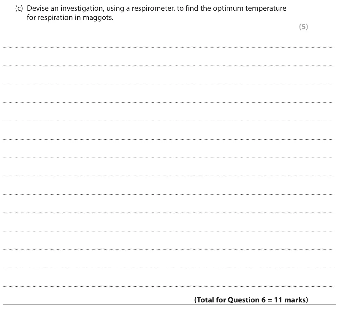 June 2023 Paper 2, question 6(c): Devise an investigation, using a respirometer, to find the optimum temperature for respiration in maggots. (5)