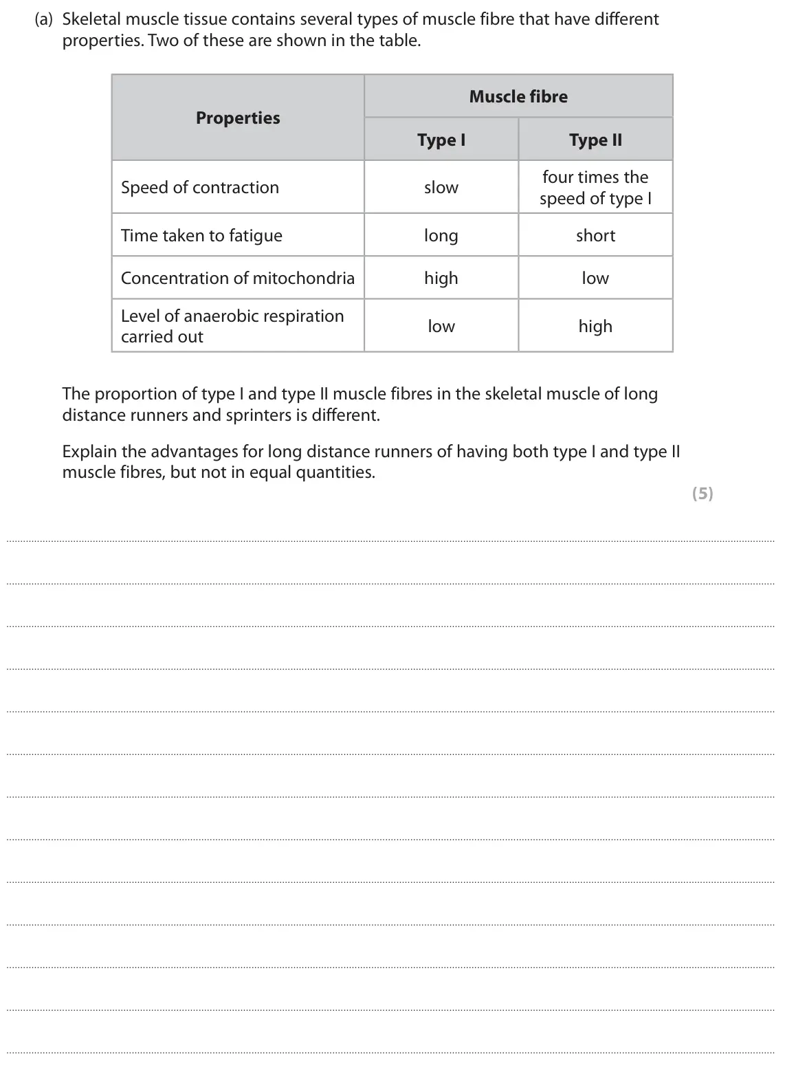 June 2023 Paper 2, question 7(a): Skeletal muscle tissue contains several types of muscle fibre that have different properties. Two of these are shown in the table. Muscle fibre Properties Type