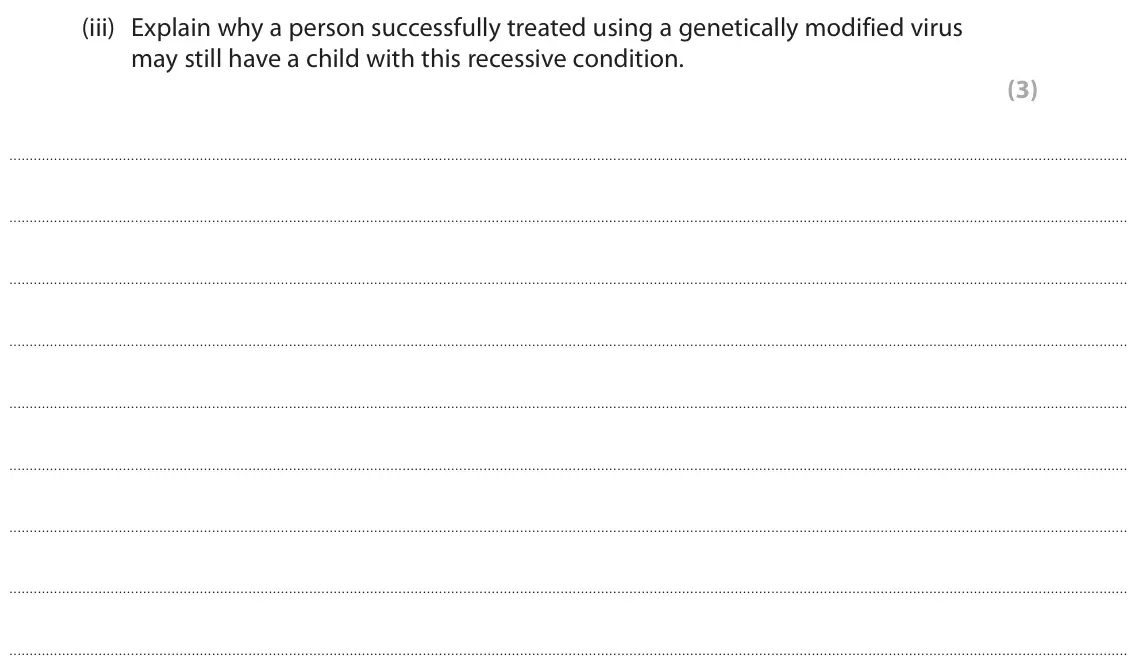 June 2023 Paper 2, question 7(b)(iii): Explain why a person successfully treated using a genetically modified virus may still have a child with this recessive condition. (3)