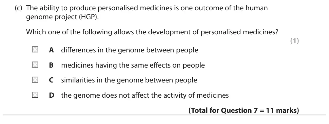 June 2023 Paper 2, question 7(c): The ability to produce personalised medicines is one outcome of the human genome project (HGP). Which one of the following allows the development of personalise