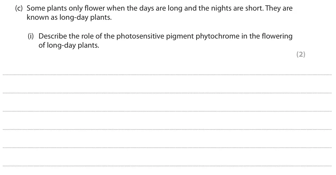 June 2023 Paper 2, question 9(c)(i): Describe the role of the photosensitive pigment phytochrome in the flowering of long‑day plants. (2)