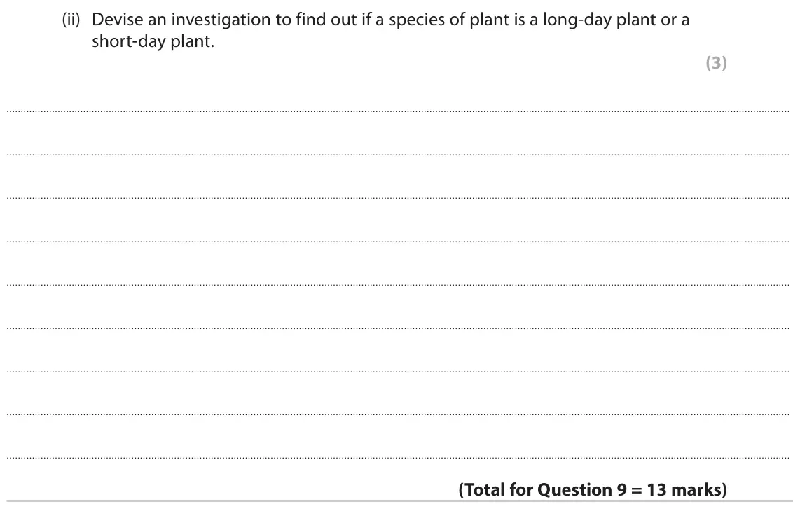 June 2023 Paper 2, question 9(c)(ii): Devise an investigation to find out if a species of plant is a long-day plant or a short‑day plant. (3)