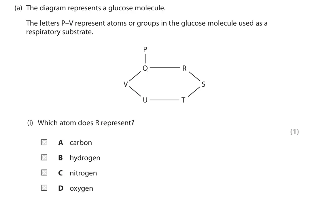 June 2024 Paper 2, question 1(a)(i): Which atom does R represent? (1) A carbon B hydrogen C nitrogen D oxygen