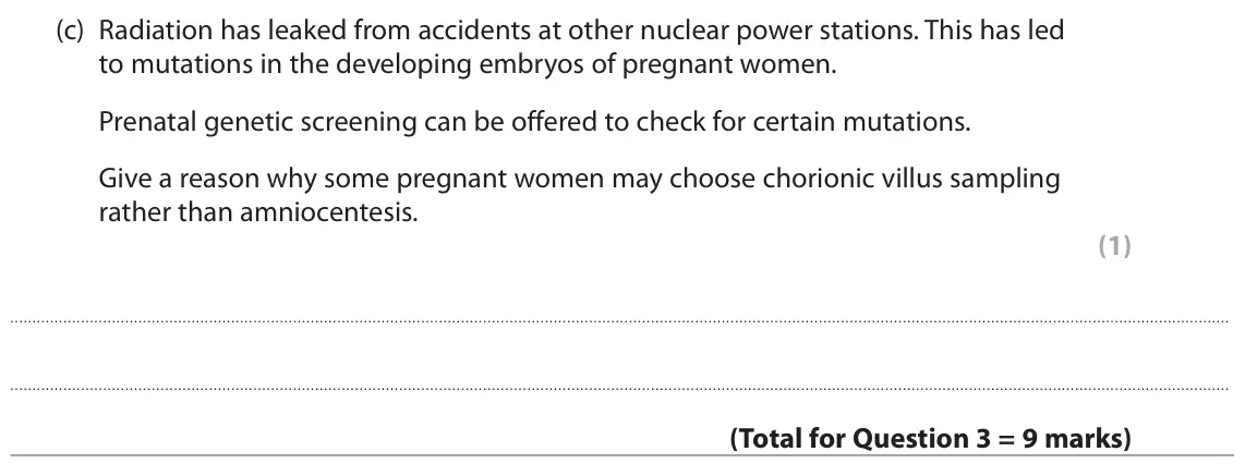 June 2024 Paper 2, question 3(c): Radiation has leaked from accidents at other nuclear power stations. This has led to mutations in the developing embryos of pregnant women. Prenatal genetic scr