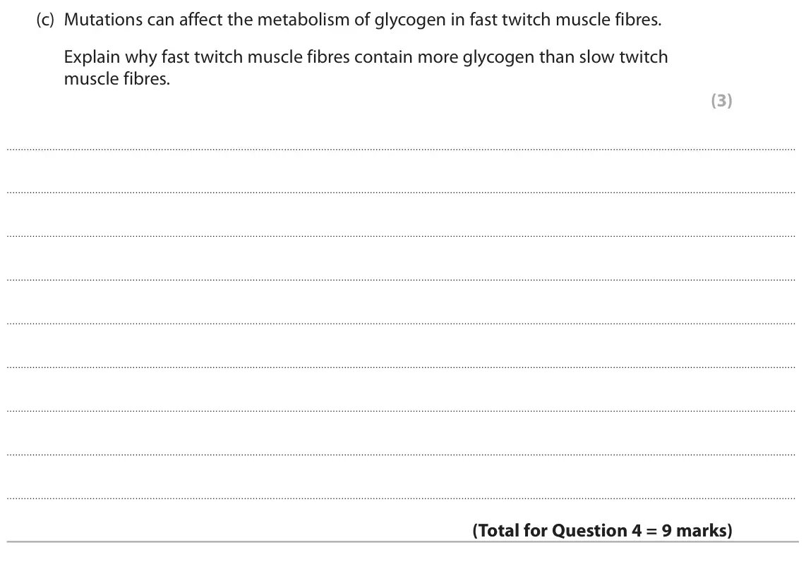 June 2024 Paper 2, question 4(c): Mutations can affect the metabolism of glycogen in fast twitch muscle fibres. Explain why fast twitch muscle fibres contain more glycogen than slow twitch muscl