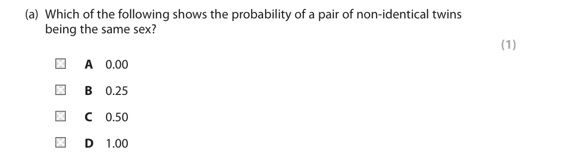 June 2024 Paper 2, question 6(a): Which of the following shows the probability of a pair of non-identical twins being the same sex? (1) A 0.00 B 0.25 C 0.50 D 1.00