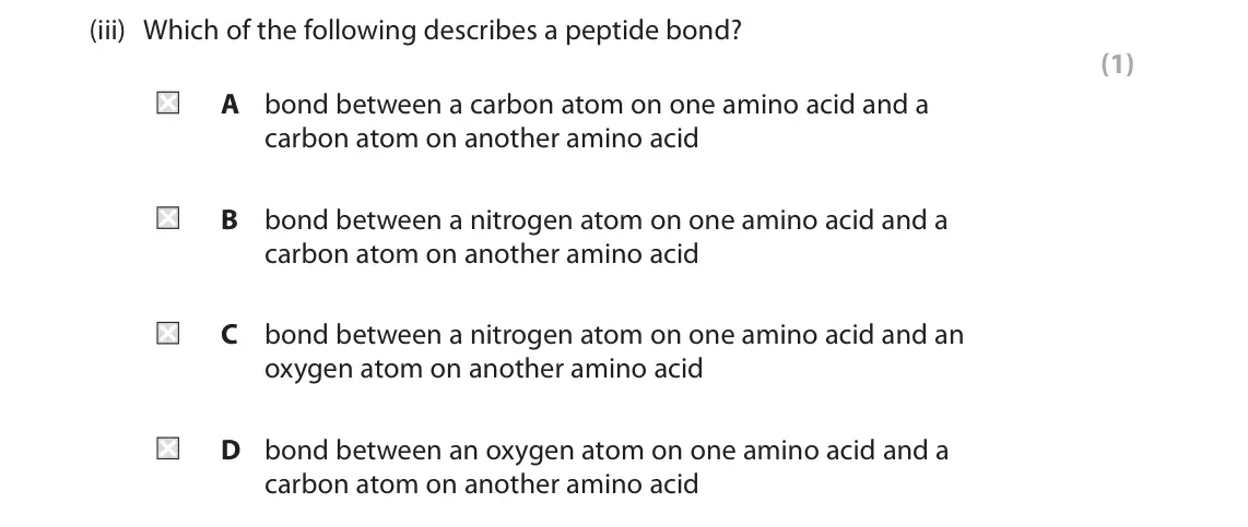June 2024 Paper 2, question 8(a)(iii): Which of the following describes a peptide bond? (1) A bond between a carbon atom on one amino acid and a carbon atom on another amino acid B bond between a nit