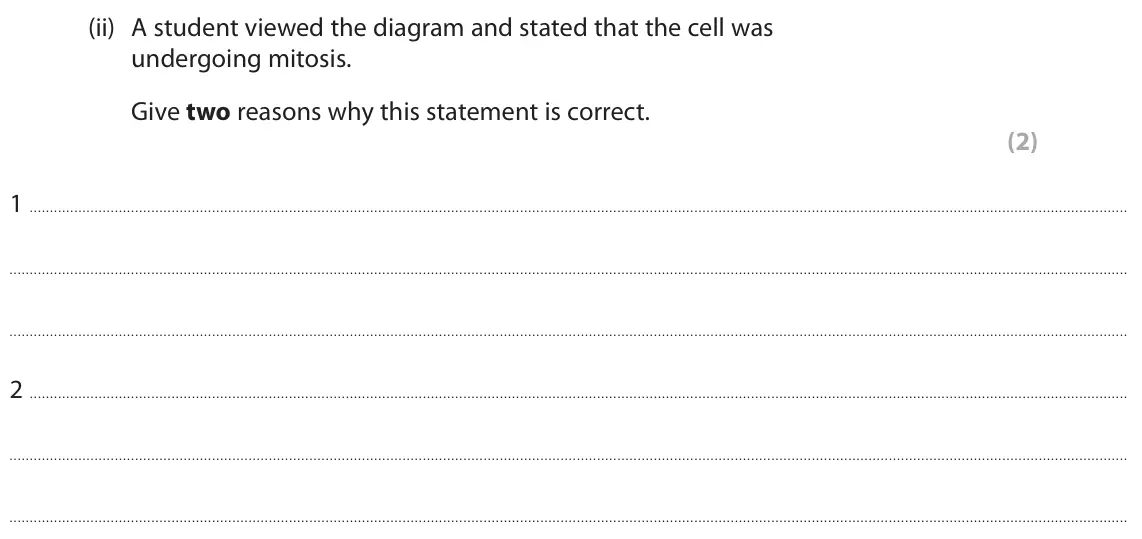 June 2025 Paper 2, question 1(a)(ii): A student viewed the diagram and stated that the cell was undergoing mitosis. Give two reasons why this statement is correct. (2) 1 2