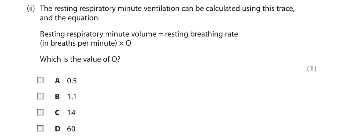 June 2025 Paper 2, question 2(b)(ii): The resting respiratory minute ventilation can be calculated using this trace, and the equation: Resting respiratory minute volume = resting breathing rate (in
