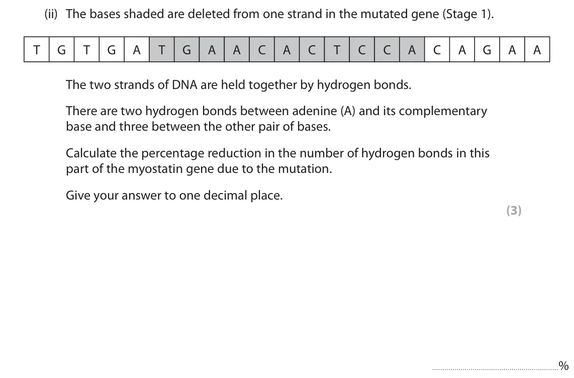 June 2025 Paper 2, question 5(a)(ii): The bases shaded are deleted from one strand in the mutated gene (Stage 1). T G T G A T G A A C A C T C C A C A G A A The two strands of DNA are held together b