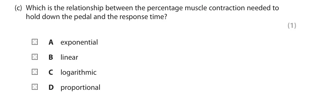 June 2025 Paper 2, question 6(c): Which is the relationship between the percentage muscle contraction needed to hold down the pedal and the response time? (1) A exponential B linear C logarithmi