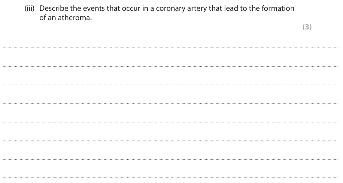 June 2025 Paper 2, question 10(a)(iii): Describe the events that occur in a coronary artery that lead to the formation of an atheroma. (3)