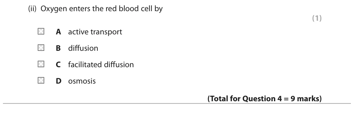 November 2021 Paper 2, question 4(c)(ii): Oxygen enters the red blood cell by (1) A active transport B diffusion C facilitated diffusion D osmosis