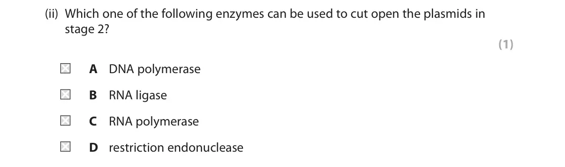 November 2021 Paper 2, question 6(a)(ii): Which one of the following enzymes can be used to cut open the plasmids in stage 2? (1) A DNA polymerase B RNA ligase C RNA polymerase D restriction endonucleas