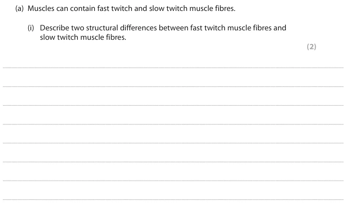 November 2021 Paper 2, question 7(a)(i): Describe two structural differences between fast twitch muscle fibres and slow twitch muscle fibres. (2)