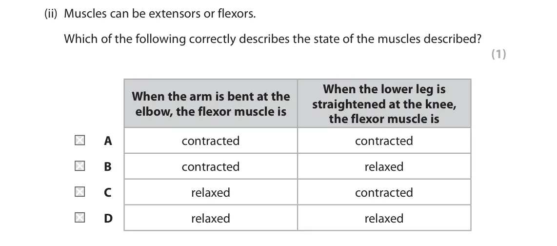November 2021 Paper 2, question 7(a)(ii): Muscles can be extensors or flexors. Which of the following correctly describes the state of the muscles described? (1) When the lower leg is When the arm is be