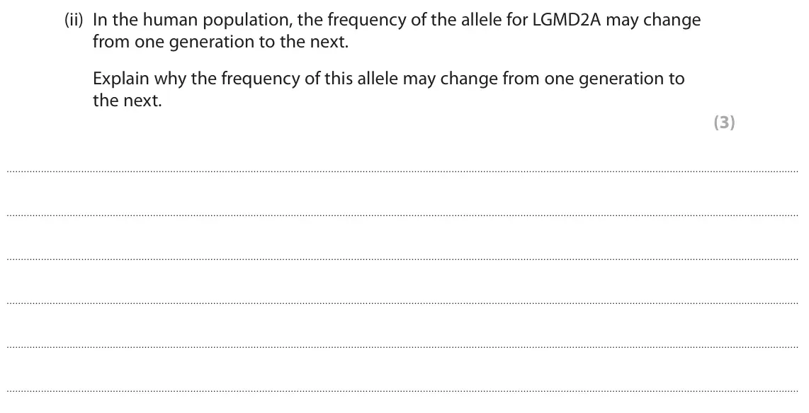 October 2020 Paper 2, question 8(c)(ii): In the human population, the frequency of the allele for LGMD2A may change from one generation to the next. Explain why the frequency of this allele may change