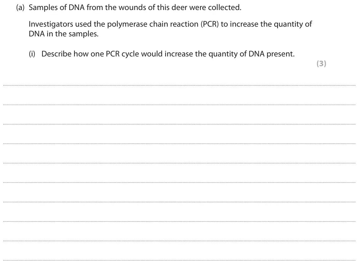 June 2018 Paper 3, question 1(a)(i): Describe how one PCR cycle would increase the quantity of DNA present. (3)