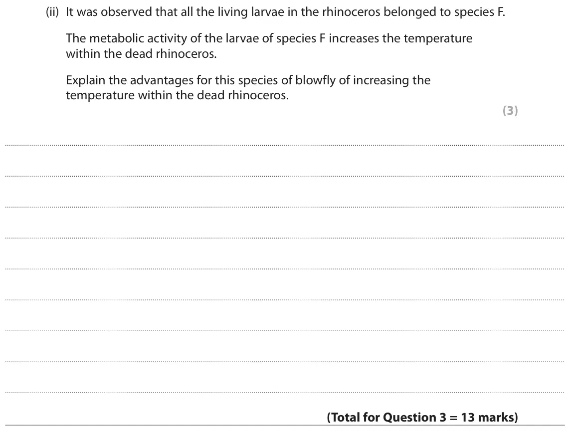 June 2018 Paper 3, question 3(b)(ii): It was observed that all the living larvae in the rhinoceros belonged to species F. The metabolic activity of the larvae of species F increases the temperature