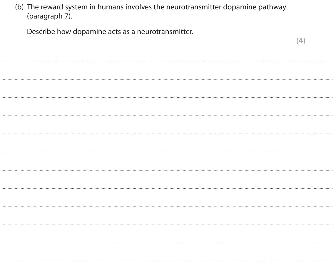 June 2018 Paper 3, question 7(b): The reward system in humans involves the neurotransmitter dopamine pathway (paragraph 7). Describe how dopamine acts as a neurotransmitter. (4)