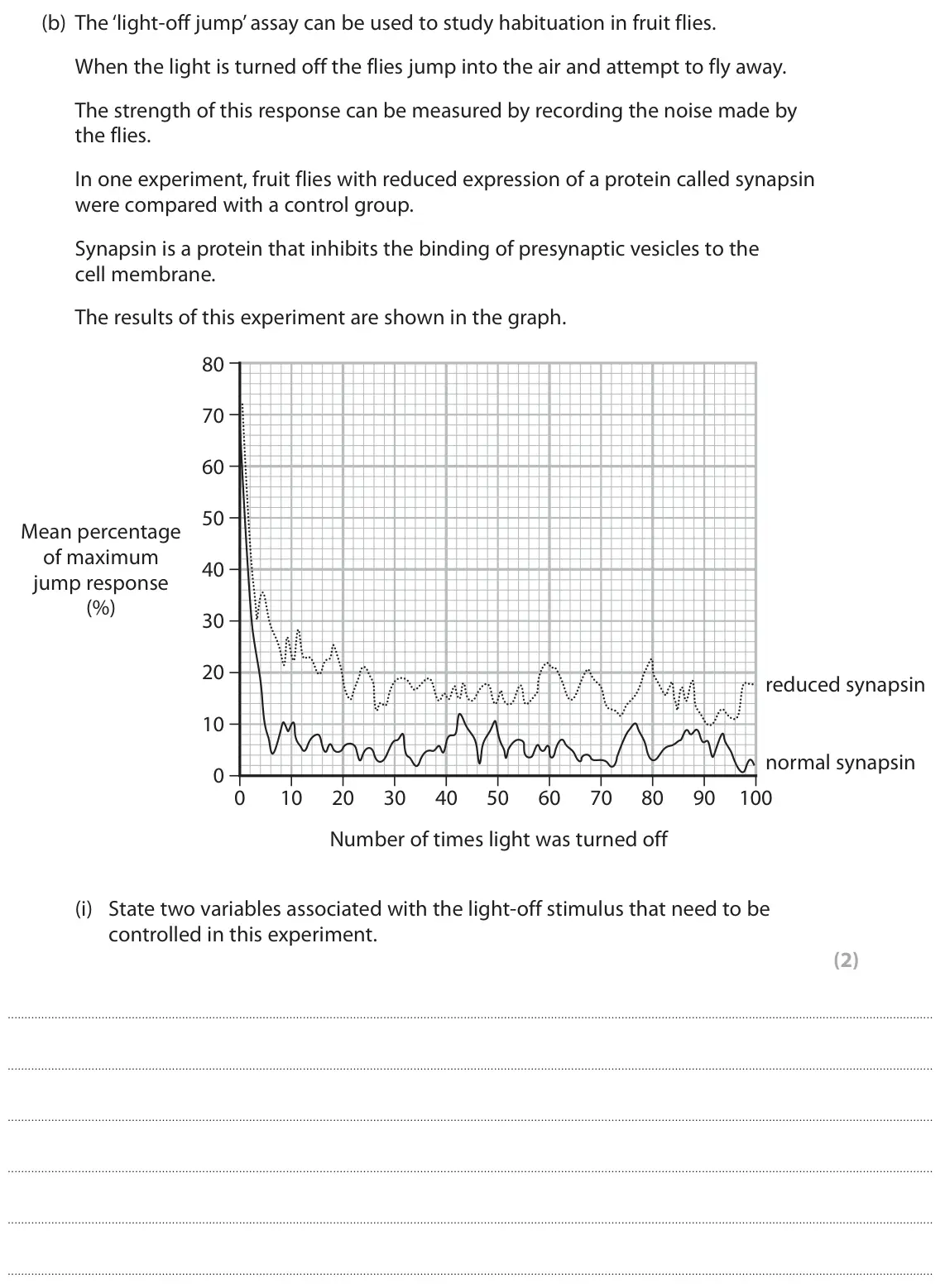 June 2022 Paper 3, question 5(b)(i): State two variables associated with the light-off stimulus that need to be controlled in this experiment. (2)