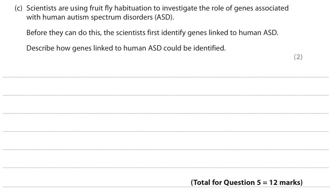 June 2022 Paper 3, question 5(c): Scientists are using fruit fly habituation to investigate the role of genes associated with human autism spectrum disorders (ASD). Before they can do this, the