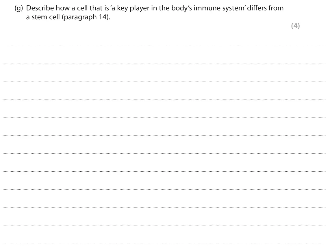 June 2022 Paper 3, question 8(g): Describe how a cell that is ‘a key player in the body’s immune system’ differs from a stem cell (paragraph 14). (4)