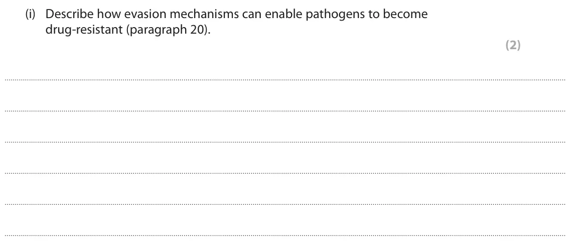 June 2022 Paper 3, question 8(i): Describe how evasion mechanisms can enable pathogens to become drug‑resistant (paragraph 20). (2)