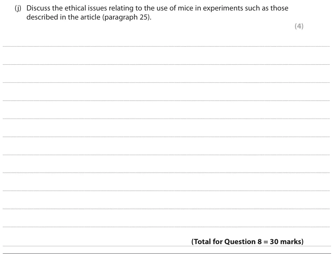 June 2022 Paper 3, question 8(j): Discuss the ethical issues relating to the use of mice in experiments such as those described in the article (paragraph 25). (4)