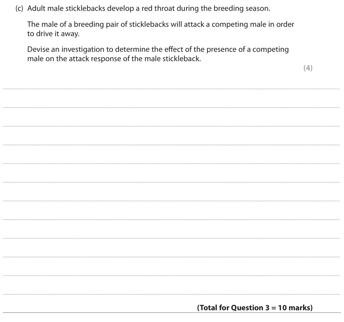 June 2023 Paper 3, question 3(c): Adult male sticklebacks develop a red throat during the breeding season. The male of a breeding pair of sticklebacks will attack a competing male in order to dr