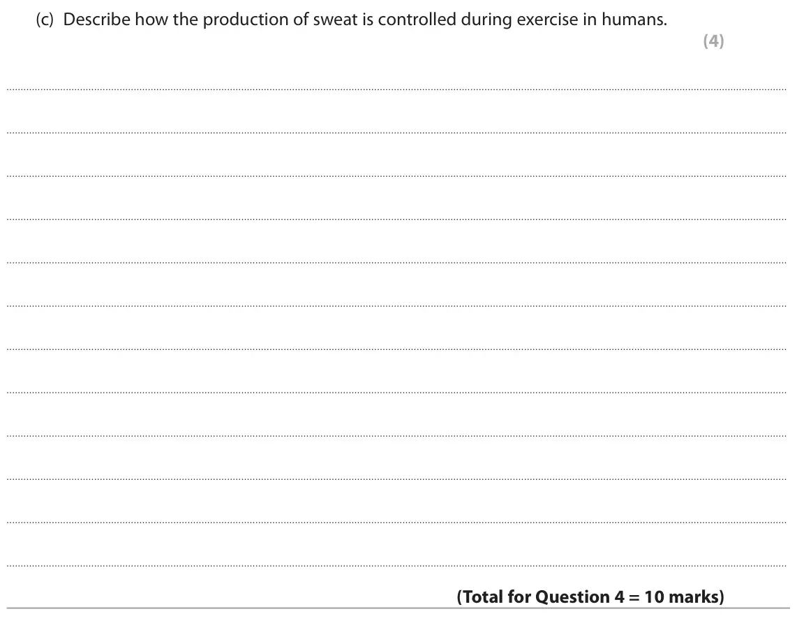 June 2023 Paper 3, question 4(c): Describe how the production of sweat is controlled during exercise in humans. (4)