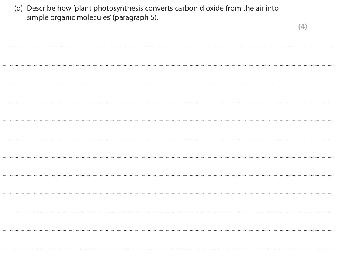 June 2023 Paper 3, question 8(d): Describe how ’plant photosynthesis converts carbon dioxide from the air into simple organic molecules’ (paragraph 5). (4)