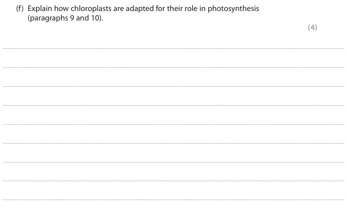 June 2023 Paper 3, question 8(f): Explain how chloroplasts are adapted for their role in photosynthesis (paragraphs 9 and 10). (4)