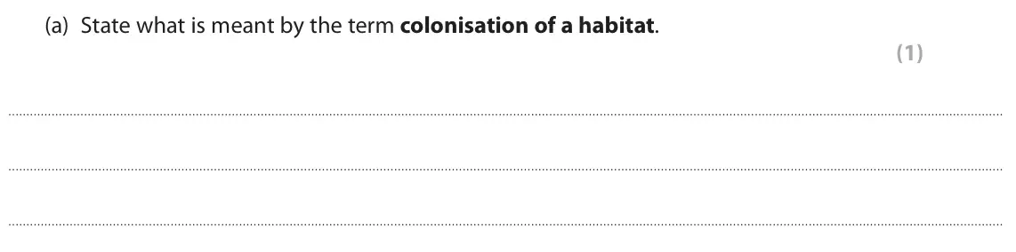 June 2024 Paper 3, question 1(a): State what is meant by the term colonisation of a habitat. (1)