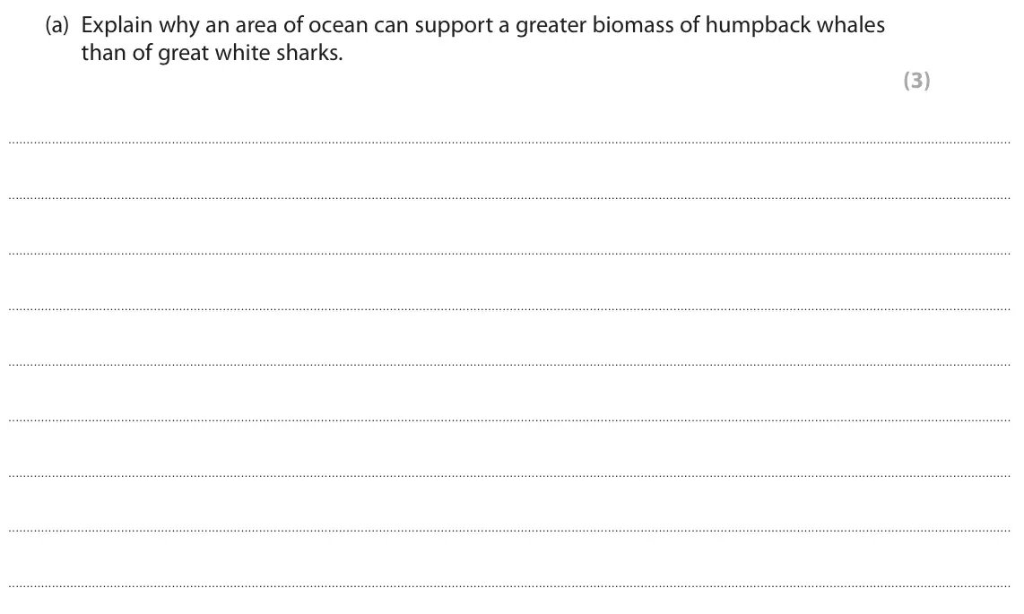 June 2024 Paper 3, question 4(a): Explain why an area of ocean can support a greater biomass of humpback whales than of great white sharks. (3)