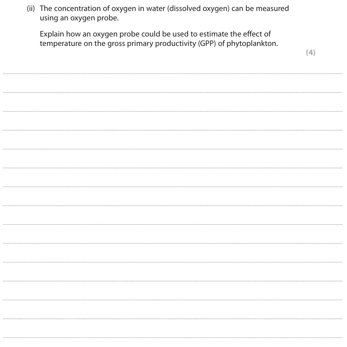 June 2024 Paper 3, question 4(b)(ii): The concentration of oxygen in water (dissolved oxygen) can be measured using an oxygen probe. Explain how an oxygen probe could be used to estimate the effect