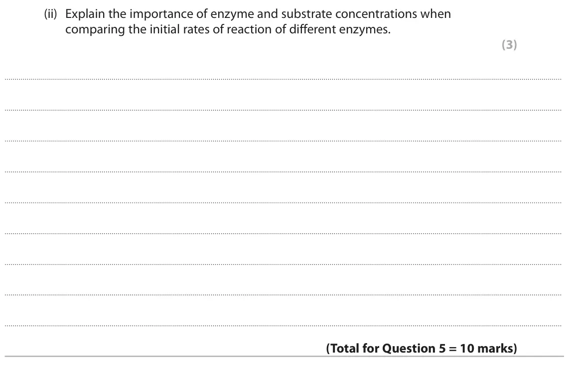 June 2024 Paper 3, question 5(c)(ii): Explain the importance of enzyme and substrate concentrations when comparing the initial rates of reaction of different enzymes. (3)
